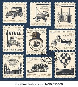 Vector set of postage stamps on the theme of retro mechanics with retro cars, locomotives, airship, horse carriage. Philatelic collection of old stamps with postmarks