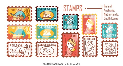 Conjunto de vectores de sellos postales, fielmente en tierno estilo de dibujos animados.