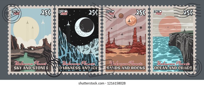 Vector Set of Postage Stamps Retro Future Space Propaganda Style