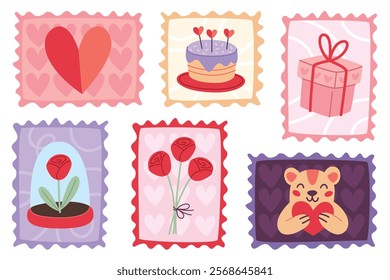 Vector set of postage stamps for Valentine's Day.