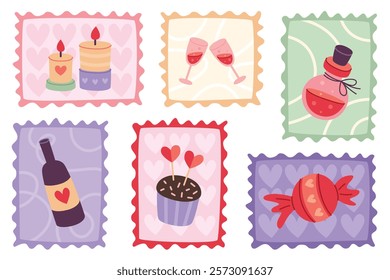 Vector set of postage stamps for Valentine's Day.