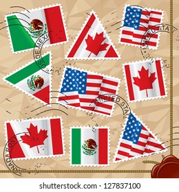 Vector set of postage stamps of various shapes with world flags on the crumpled paper background with seals