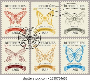 Vector set of postage stamps with various beautiful butterflies and their names in retro style. Old stamps with colored contour drawings and postmarks on a light background