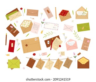 Vector set of postal envelopes. Various envelopes, letters, postcards, stamps, tags, craft paper. Greeting and love messages with flowers.