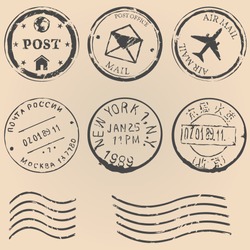 Vector Set Of Postal Stamps On Brown Background. Mail, Post Office, Air Mail, Russian Post, American Post, New York, China Post, Wave Stamp.