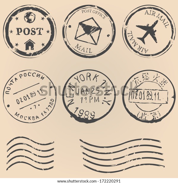 Vector set of postal stamps on brown background.
Mail, post office, air mail, russian post, american post, new york,
china post, wave stamp.