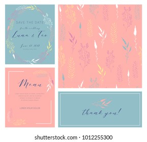 Vector set of postcard with floral decoration. Perfect for invitation, save the date, mothers day, valentines day. Trendy card design for gift. Vector gentle wedding cards template with flower design.