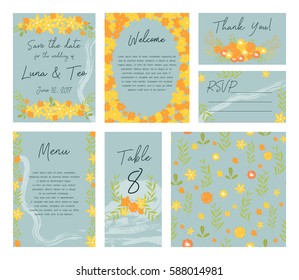 Vector set of postcard with floral decoration. Perfect for invitation, save the date, happy birthday, mothers day, valentines day. Vector gentle wedding cards template with flower design.
