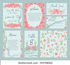 Vector set of postcard with floral decoration. Perfect for invitation, save the date, happy birthday, mothers day, valentines day.  Vector gentle wedding cards template with flower design.