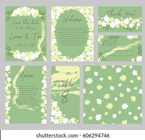 Vector set of postcard with floral decoration. Perfect for invitation, save the date, happy birthday, mothers day, valentines day. Vector gentle wedding cards template with flower design.