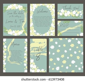 Vector set of postcard with floral decoration. Perfect for invitation, save the date, happy birthday, mothers day, valentines day. Vector gentle wedding cards template with flower design.