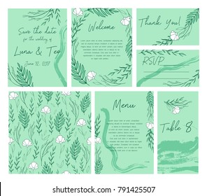 Vector set of postcard with floral decoration. Perfect for invitation, save the date, mothers day, valentines day. Trendy card design for gift. Vector gentle wedding cards template with flower design.