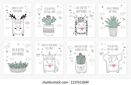 Vector set of postcards with animals, house plants and slogan about friend. Doodle illustration. Friendship day, Valentine's, anniversary, baby shower, birthday, children's party