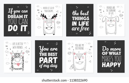 Vector set of postcards with animals and slogan about friend. Doodle illustrations with lettering. Friendship day, Valentine's, anniversary, baby shower, birthday, children's party.