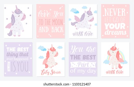 Vector set of postcards with cute unicorns. Poster with adorable magic animal on background, pastel colors. Valentine's day, anniversary, save the date, baby shower, birthday
