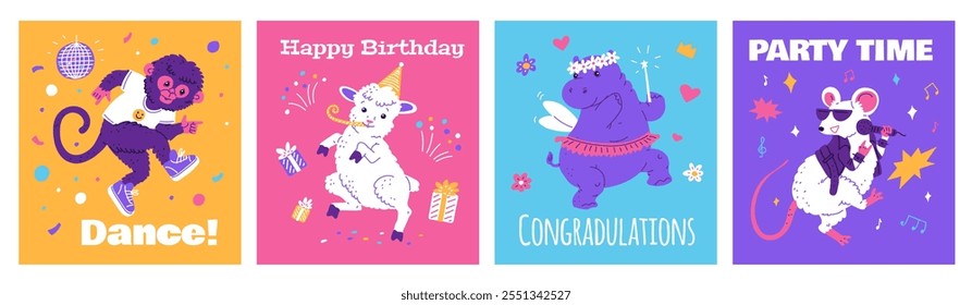 Vector conjunto de postales con animales danzantes. El conjunto incluye: un hada hipopótamo, un mono en zapatillas de deporte, una rata en gafas de sol y una oveja con regalos