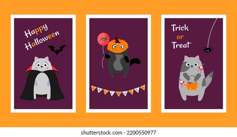 Vector set of postcards for Halloween. Three postcards with cute cats in Halloween costumes. Perfect for poster, media banner, cover or postcard. Set of cats characters. Flat design. 