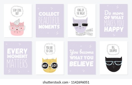 Vector set of postcards with hipster cats and cool slogan. Doodle illustration. Friendship day, Valentine's, anniversary, birthday, children's or teenager party