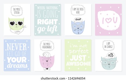 Vector set of postcards with hipster cats and cool slogan. Doodle illustration. Friendship day, Valentine's, anniversary, birthday, children's or teenager party