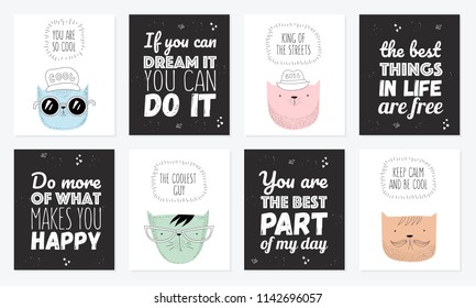 Vector set of postcards with hipster cats and cool slogan. Doodle illustration. Friendship day, Valentine's, anniversary, birthday, children's or teenager party