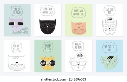 Vector set of postcards with hipster cats and cool slogan. Doodle illustration. Friendship day, Valentine's, anniversary, birthday, children's or teenager party