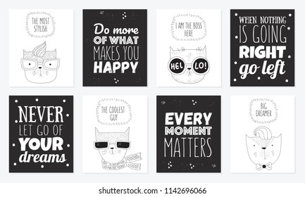 Vector set of postcards with hipster cats and cool slogan. Doodle illustration. Friendship day, Valentine's, anniversary, birthday, children's or teenager party