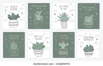 Vector set of postcards with line drawing house plant in pot with slogan about friend. Doodle illustration. Friendship day, Valentine's, anniversary, baby shower, birthday, children's party