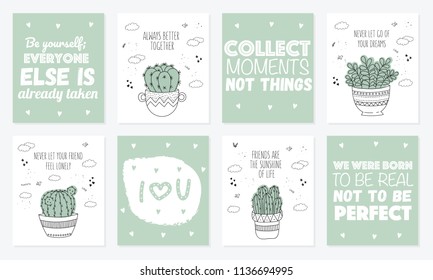 Vector set of postcards with line drawing house plant in pot with slogan about friend. Doodle illustration. Friendship day, Valentine's, anniversary, baby shower, birthday, children's party
