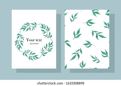 Vector set of postcards with stylized green leaves and space for your text. Botanical wreath with wild leaves. Collection of templates for invitation cards, weddings, birthdays, banners, etc.