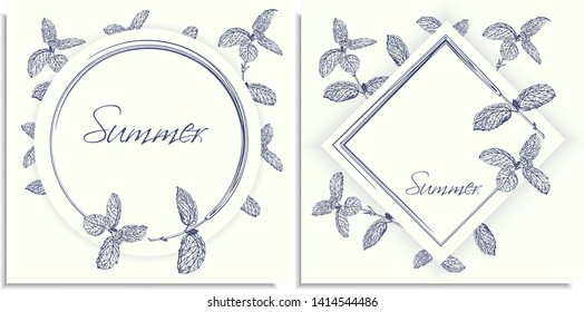 Vector set of postcards templates, invitation with hand-drawn graphics sprigs of beautiful mint, Contrast color white and dark blue. Lettering: summer, you can change it or use as it is.