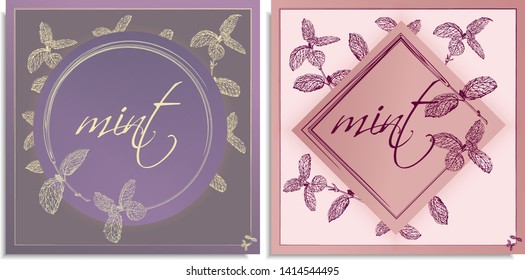 Vector set of postcards templates, invitation with hand-drawn graphics sprigs of beautiful mint, Gently color shades of violet, yellow, pink gradient. Lettering: mint, you can change or use as it is