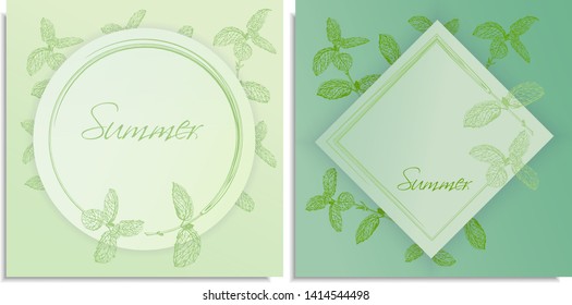 Vector set of postcards templates, invitation with hand-drawn graphics sprigs of beautiful mint, Gently color shades of green, little gradient. Lettering: summer, you can change it or use as it is.