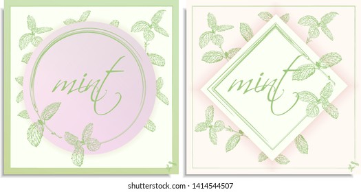 Vector set of postcards templates, invitation with hand-drawn graphics sprigs of beautiful mint, Gently color shades of green, white, pink gradient. Lettering: mint, you can change or use as it is