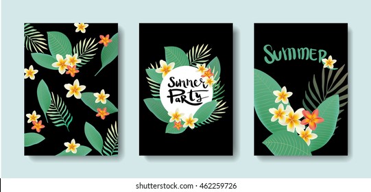 Vector set of postcards with the tropics. Bright illustration with plants and leaves. Flyers beauty salon.