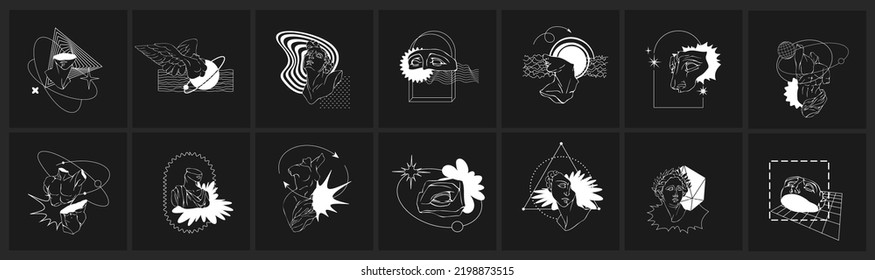 Vector set of poster with antique sculptures and geometric form inspired brutalism, abstract bauhaus and boho cosmic style. Retro futuristic vector illustration with classical Sculpture