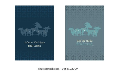 Vector set poster eid adha mubarak. Set poster eid al-adha mubarak with blue theme. Simple motif design vector illustration. Can be used for poster, greeting card and banner.
