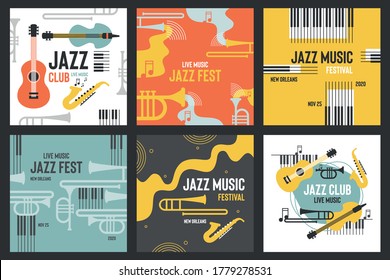 Vector setzt Poster für das Jazzfestival mit Musikinstrumenten.  Social Media-Post-Vorlage für Musikveranstaltungen, Jazzkonzerte. Ideal für Musikveranstaltungen.