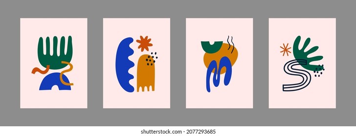 Vector set of posters with abstract geometric shapes and objects. Trendy organic and minimalistic design