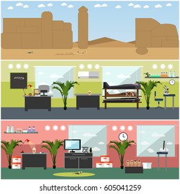 Vector set of posters, banners with archaeological lab interior and archaeological site concept design elements in flat style.