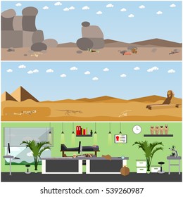 Vector set of posters, banners with archaeologists places, tools and equipment. Archaeological laboratory research and excavation concept design elements in flat style.
