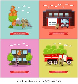 Vector set of posters, banners with fire fighting concept design elements in flat style. Fire department, firemen fighting in the forest and in the house.