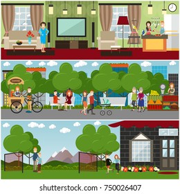 Vector set of posters or banners with happy family couples taking rest at home, in park and outside the city together. Flat style design.