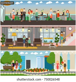 Vector set of posters or banners with happy loving couples dating, meeting at home or restaurant and walking together in the street. Flat style design.