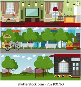 Vector set of posters or banners with living room, kitchen interior, park and country house where happy family couples taking rest together. Flat style design.