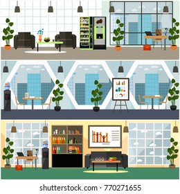 Vector set of posters, banners with modern workspace interior with furniture, computer equipment, office supplies, food machine, coffee automatic machine. Office life concept, flat style design.