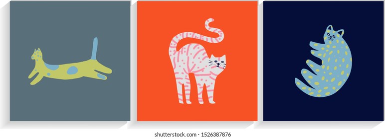 Vector set of  posters with cats.  - trendy colourful drawn.kittens. for cards ,magnets, books, t-shirts, posters.
Vector. illustration.