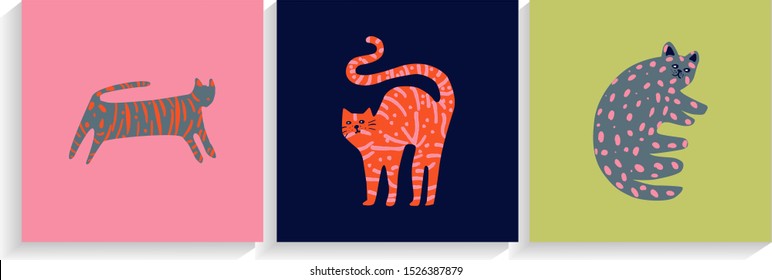 Conjunto vectorial de afiches con gatos.  - moderno color dibujado.gatitos. para tarjetas, imanes, libros, pantalones, afiches.
 Vector. ilustración.