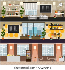 Vector set of posters with classroom interior with furniture and supplies, school canteen with dining furniture, food and drink. School concept flat style design elements.