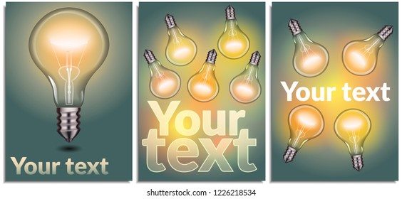 Vector set of posters, cover, postcard of a realistic incandescent lamp, glowing brightly, aqamarin background. With a realistic image of a split tungsten filament, a glass bulb and a shiny metal base