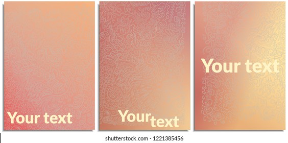 Vector set of posters, covers with manual pattern of curved lines, geometric various patterns in the technique of doodles and zenart, continuous, monophonic on a soft color, purple and pink background